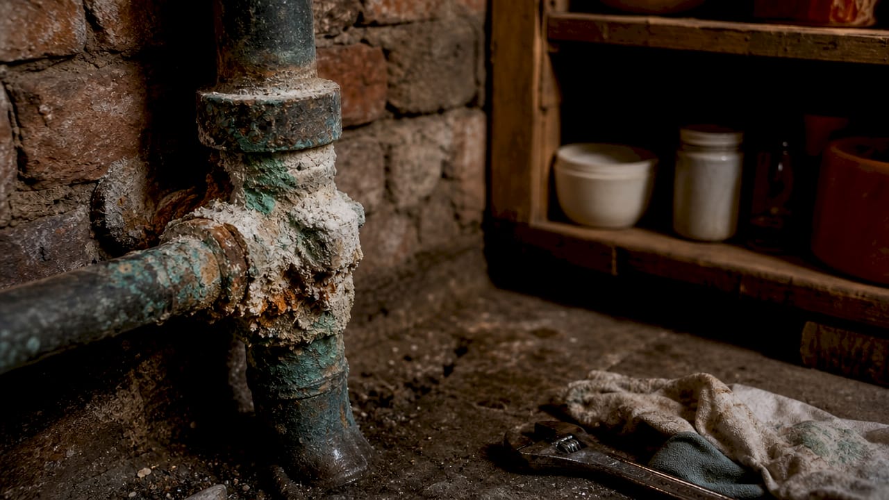 Zbliżenie na osady mineralne powstałe wewnątrz rury wodociągowej