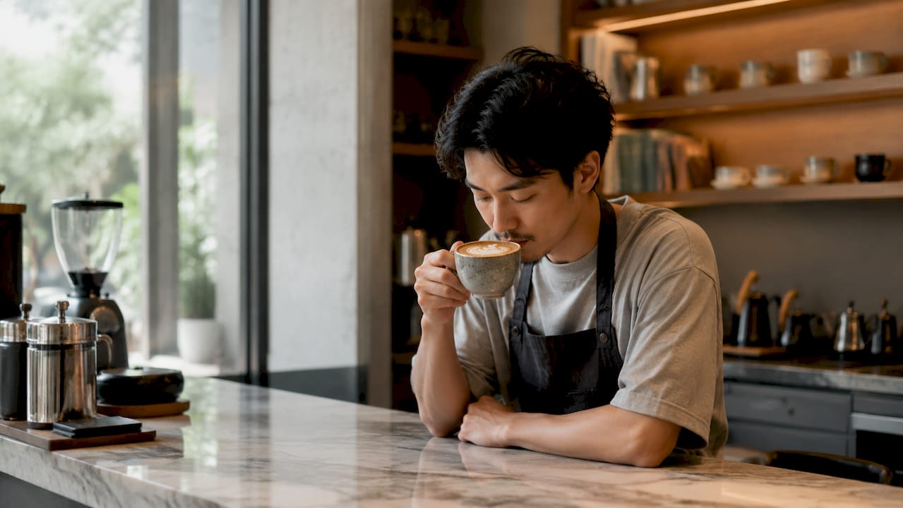 Barista delektujący się aromatem świeżo zaparzonej kawy