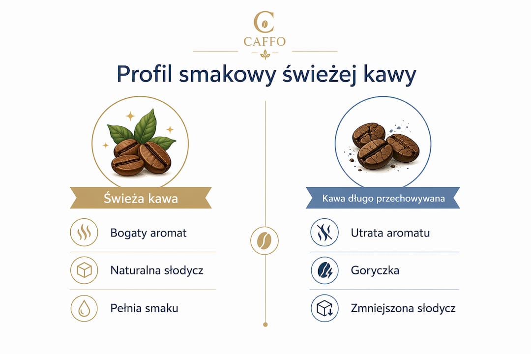 Infografika pokazująca różnice w smaku świeżo parzonej kawy i tej, która stoi już od jakiegoś czasu