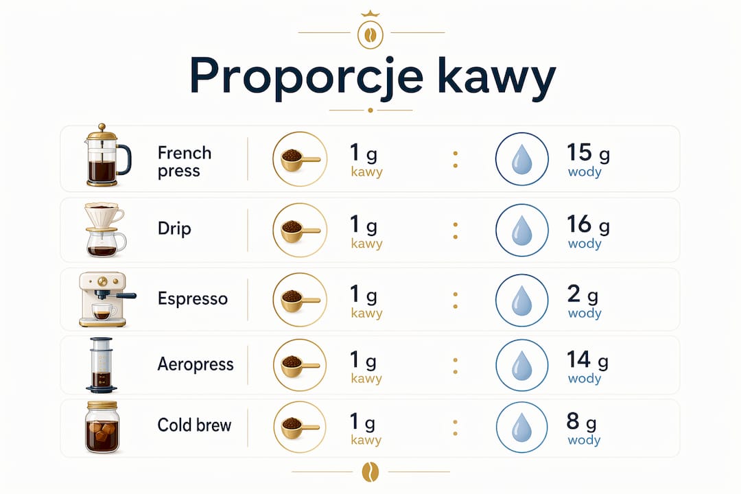 Grafika przedstawiająca idealne proporcje kawy i wody w różnych sposobach parzenia.