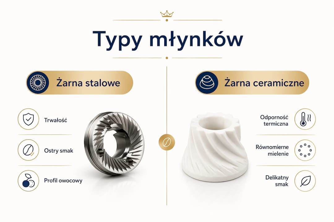 Grafika przedstawiająca różnice między młynkami z ceramicznym a stalowym mechanizmem