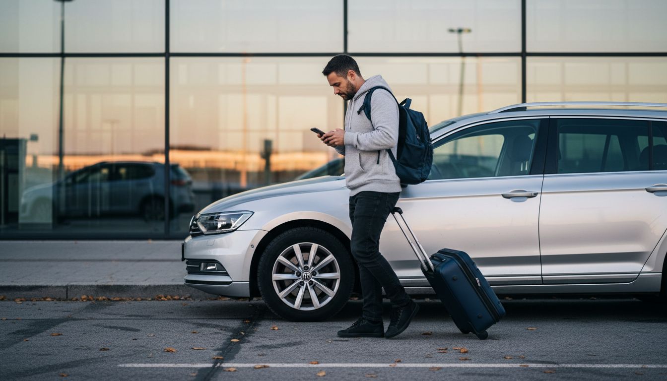 Traveler waiting for airport taxi outside terminal