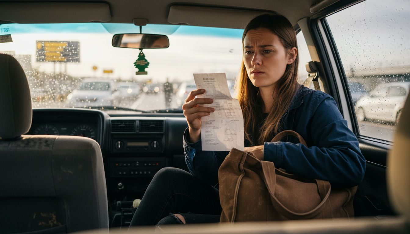 Passenger examining taxi receipt for extra fees