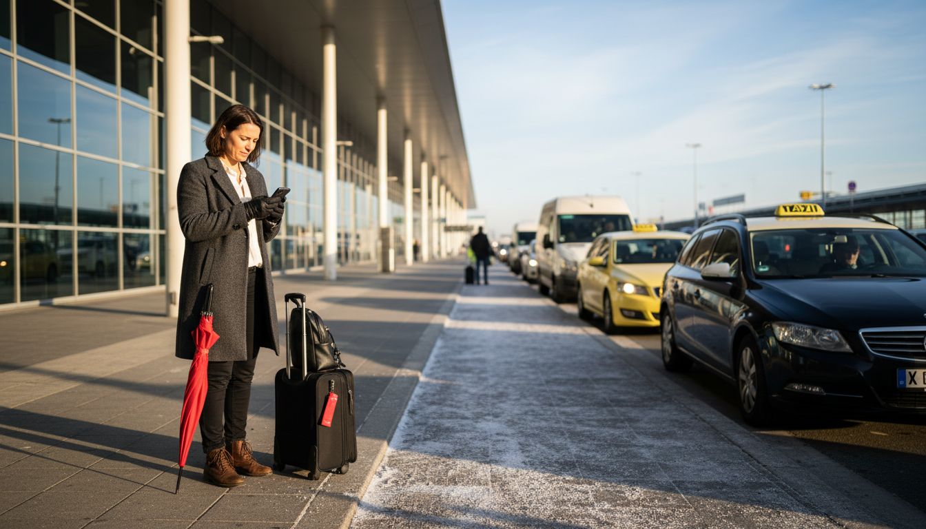 Traveler choosing taxi or shuttle at Vienna airport