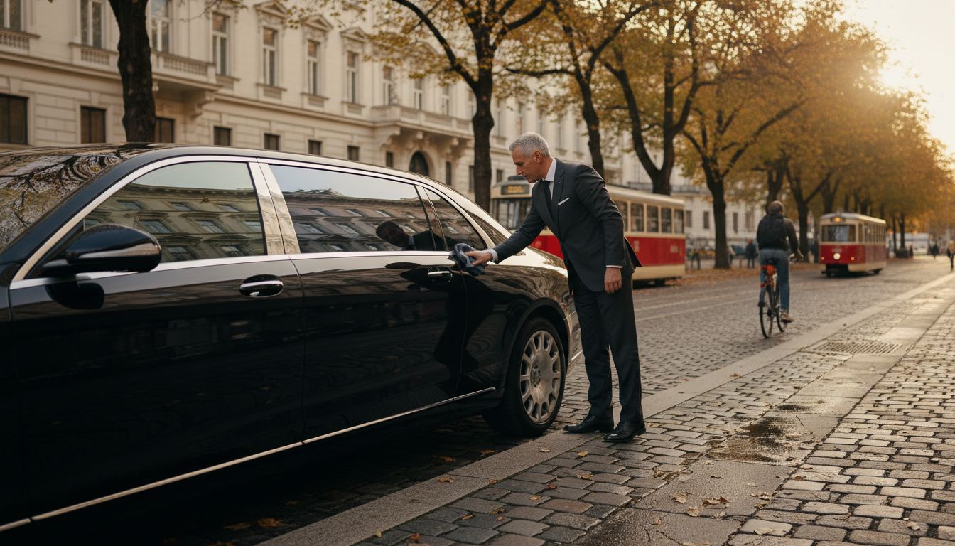 Chauffeur cleaning limousine on Vienna street