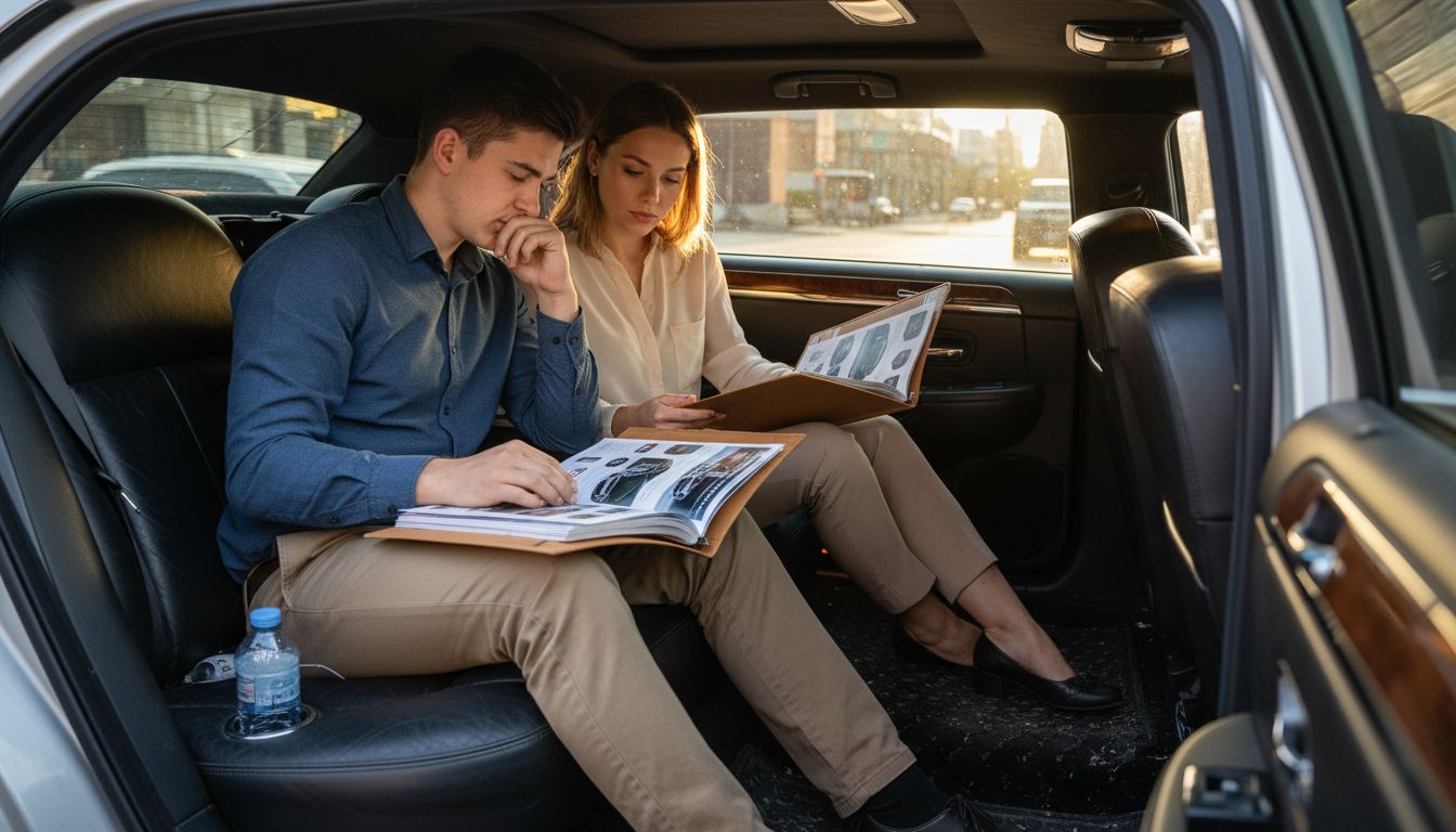 Couple reviewing limousine vehicle options inside