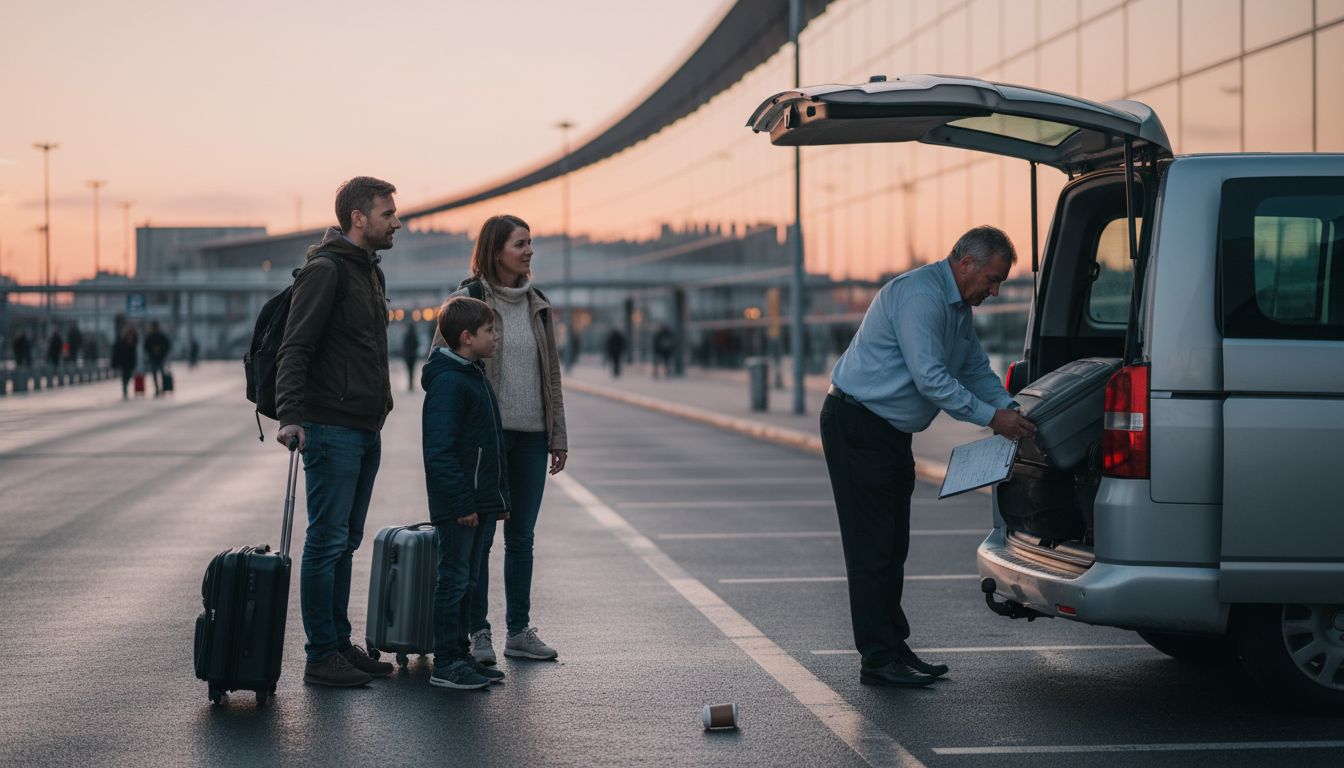 Family and taxi at airport curb at sunrise