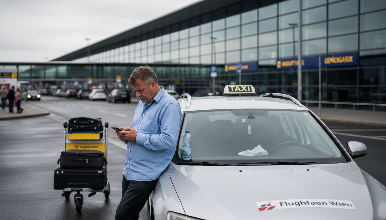 Ein Taxifahrer wartet am Flughafen auf Fahrgäste.
