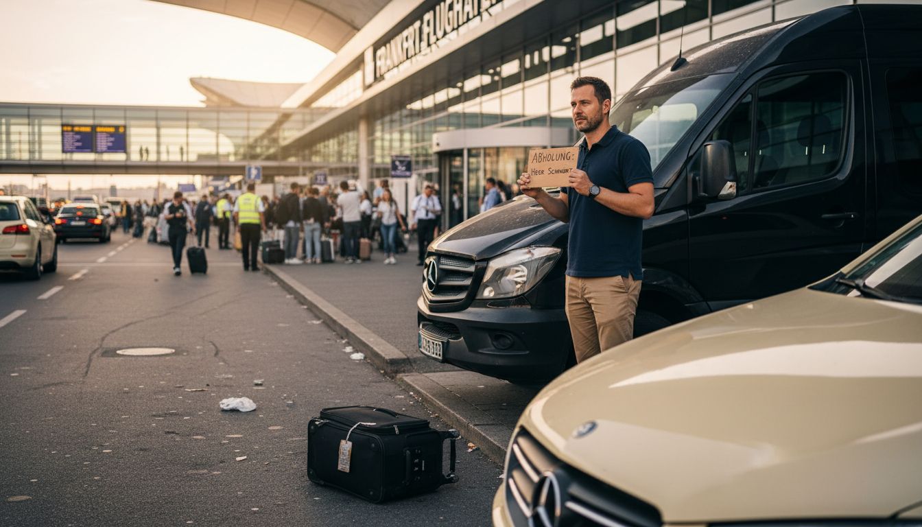 Ein Taxifahrer wartet am Straßenrand vor dem Flughafengebäude auf Fahrgäste.