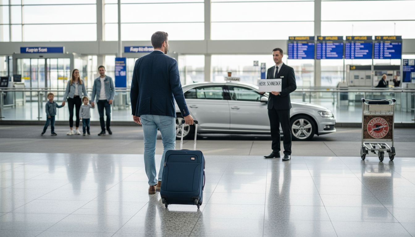 Ein Reisender geht auf seinen Fahrer für den Flughafentransfer zu.