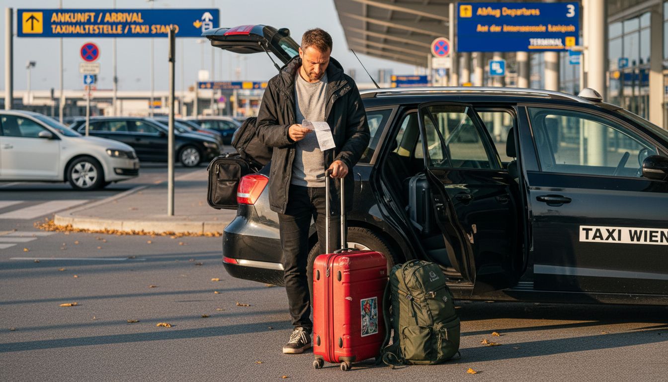 Ein Reisender prüft draußen vor dem Flughafen seine Taxiquittung.