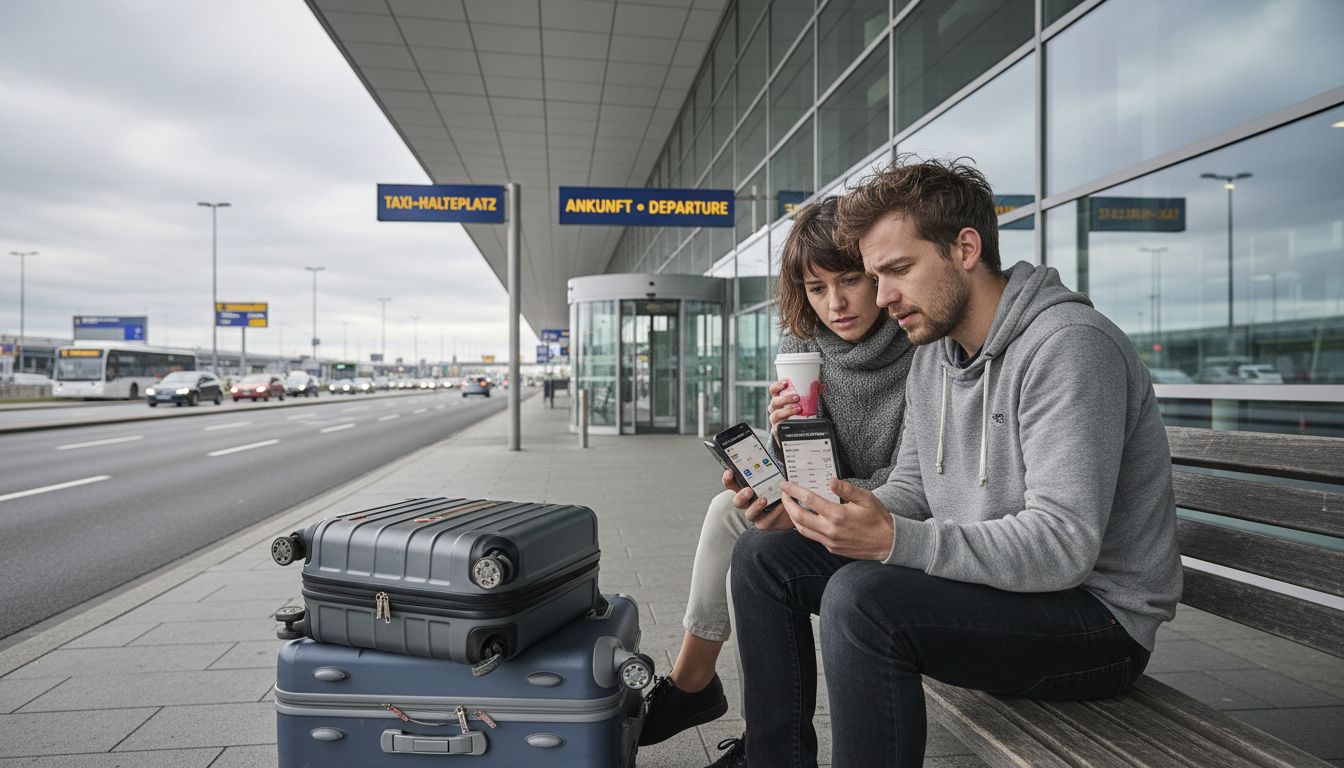 Ein Paar vergleicht am Flughafen die Taxipreise.