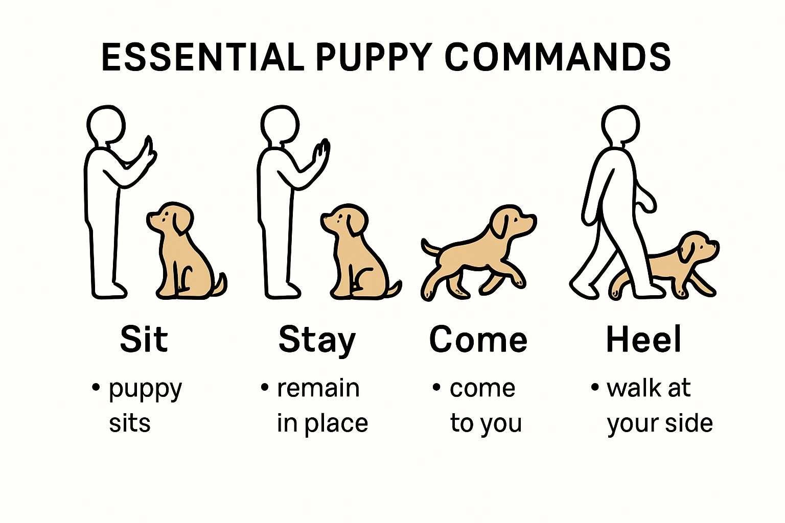 Infographic showing essential puppy commands and how to teach them.