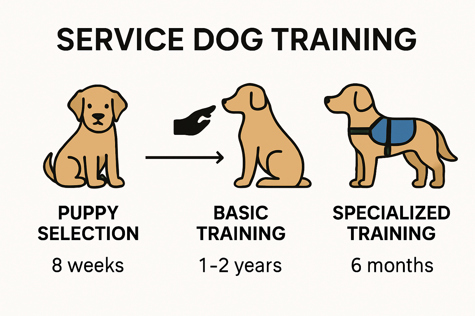 Service dog training process stages and timeline infographic