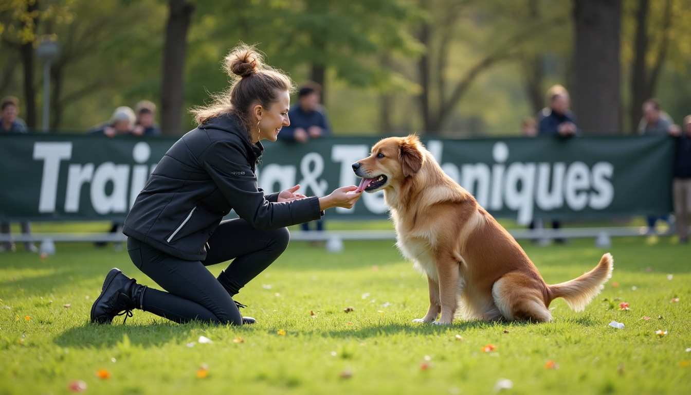 Rescue dog receives training treat from kneeling trainer at sunny park