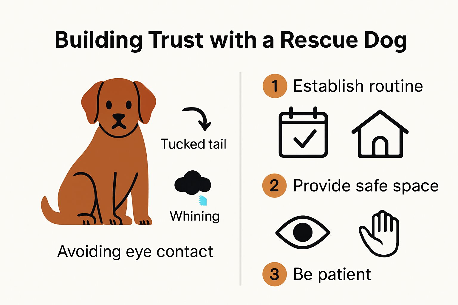 Infographic showing rescue dog behavior cues and trust building tips