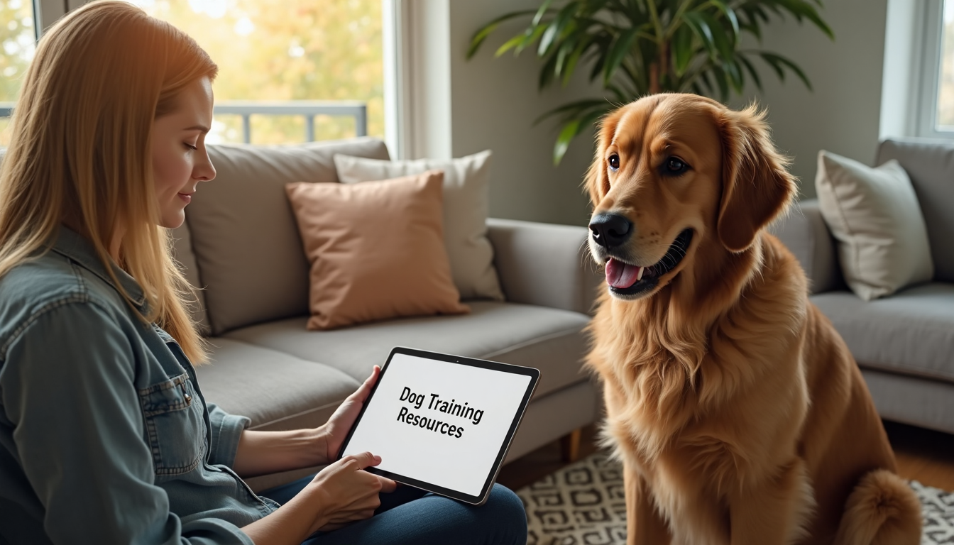 Woman and dog learn from tablet in sunny living room