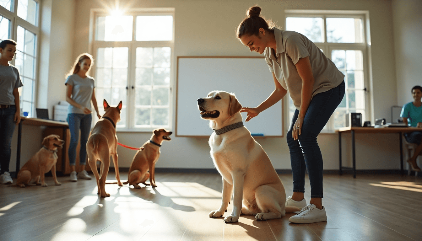 Therapy dog practicing sit command in training class