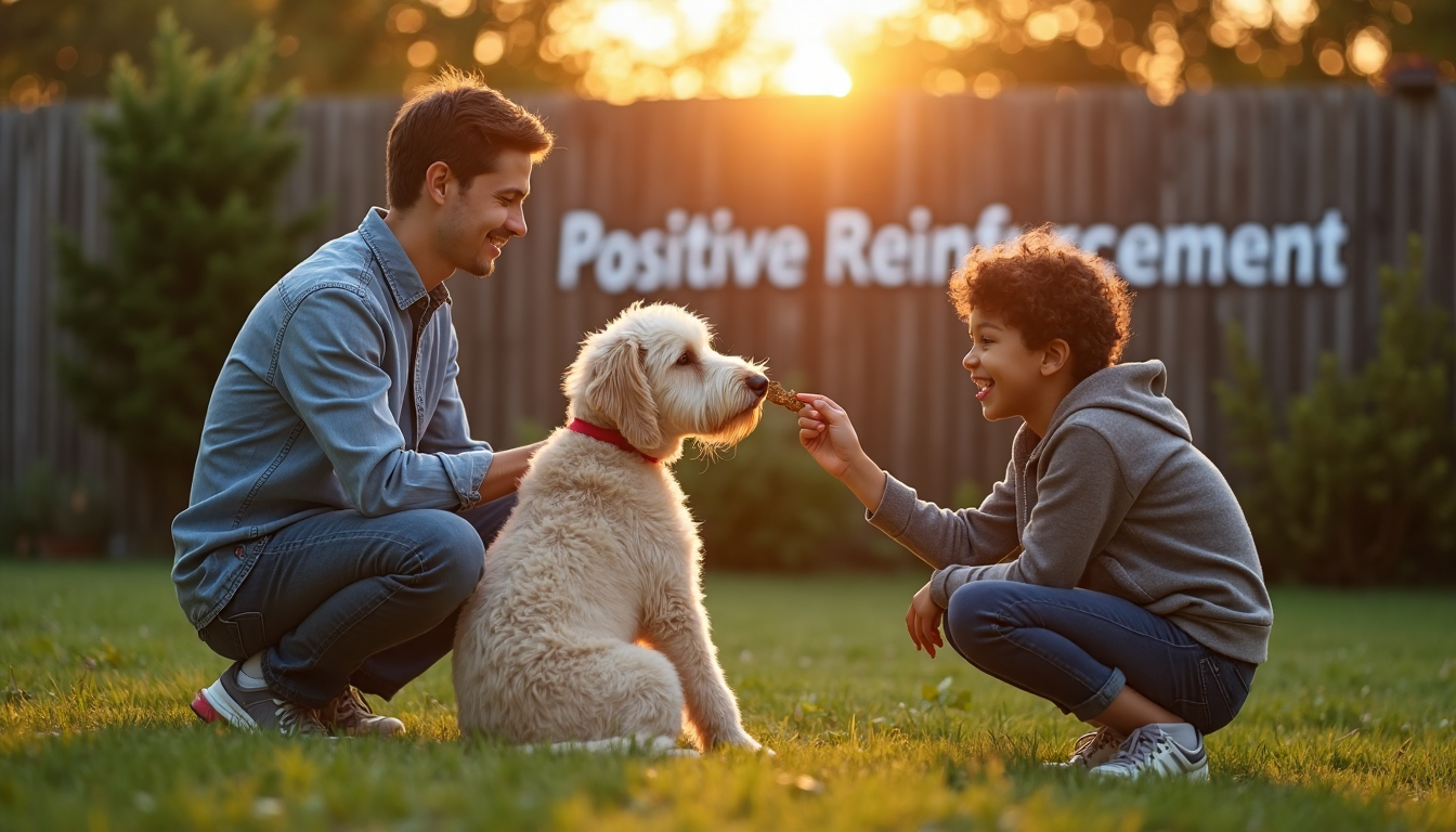 Man giving Labradoodle a treat in backyard with banner