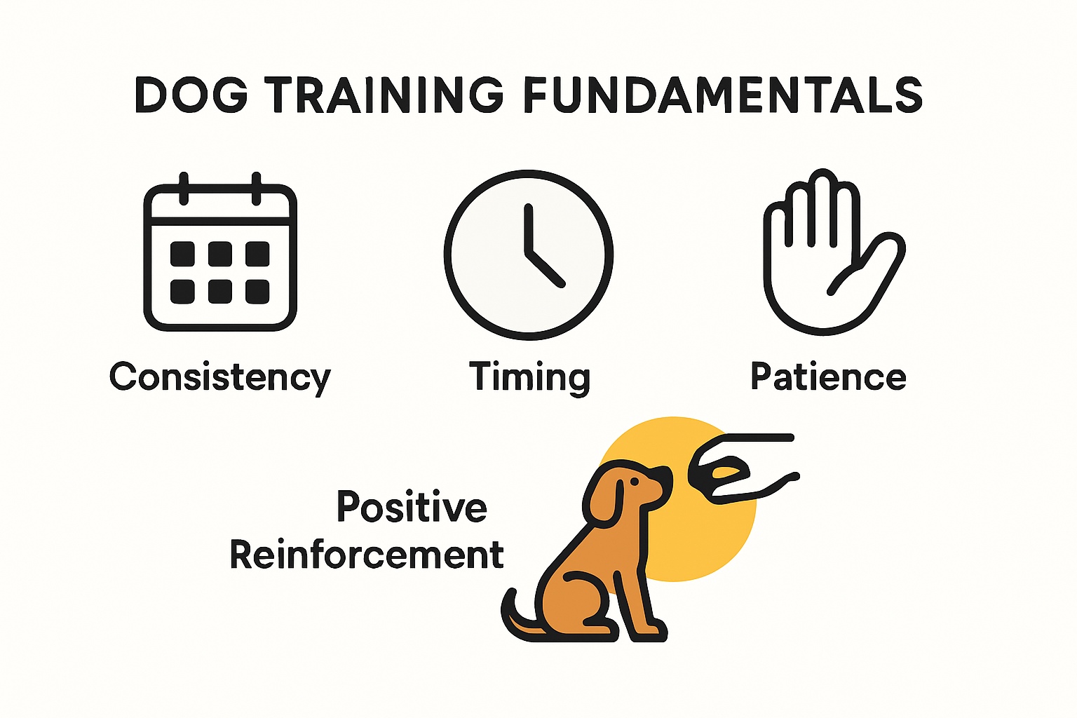Infographic showing dog training fundamentals principles and tips