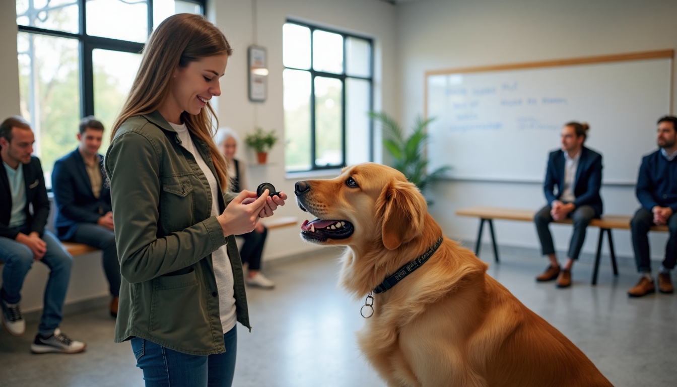 Trainer using clicker with dog in bright training clinic
