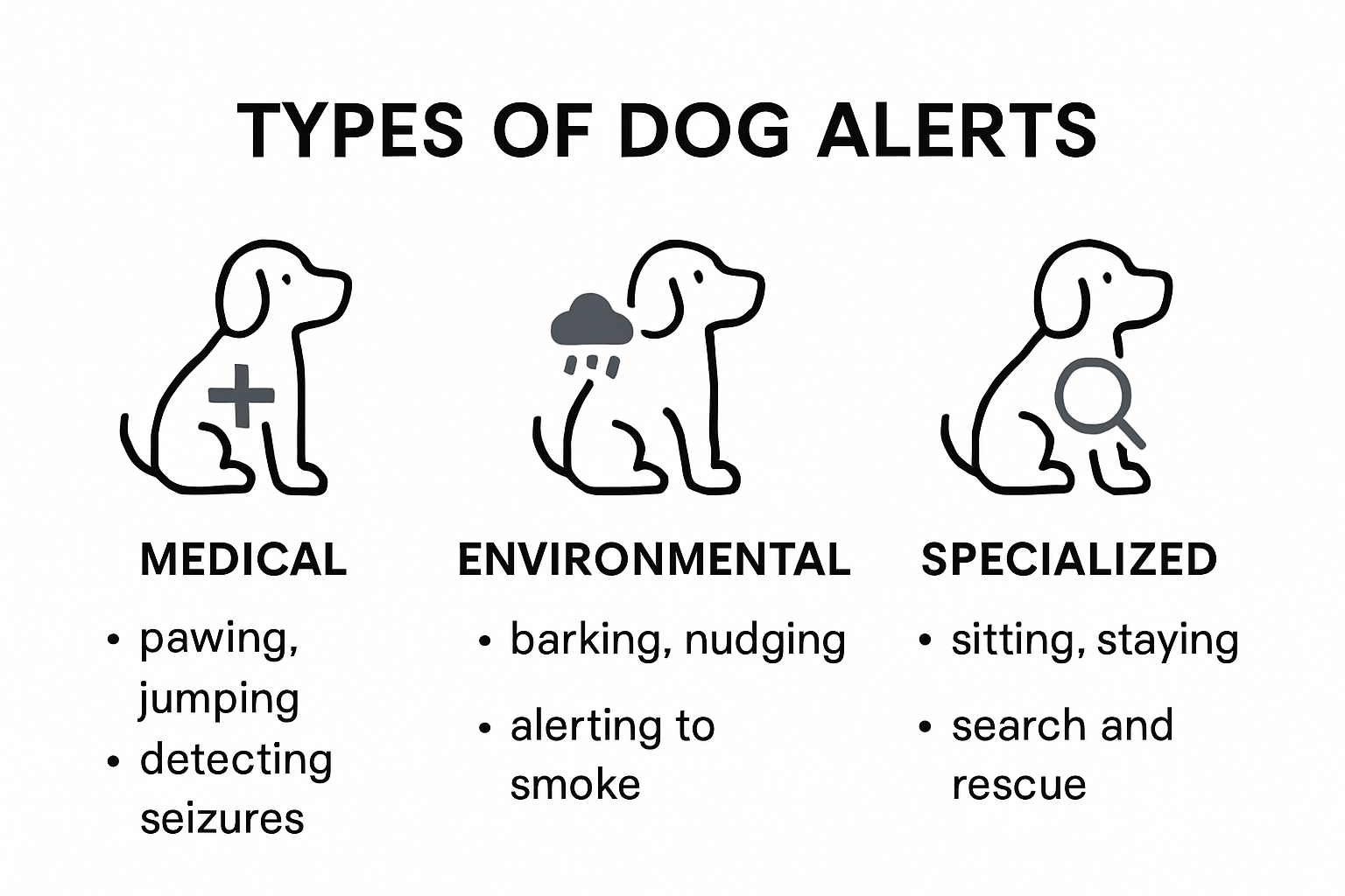 Infographic shows types of dog alerts and example behaviors