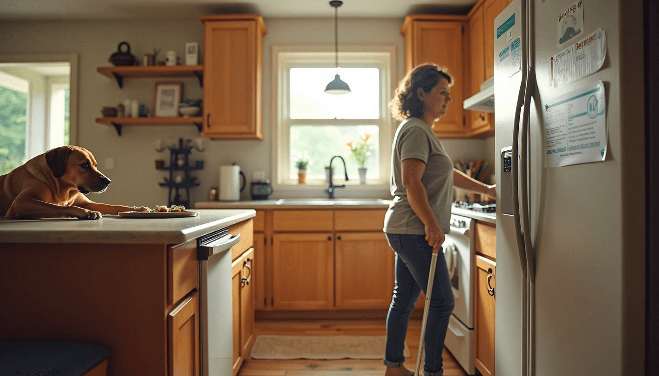 Service dog helps woman in home kitchen