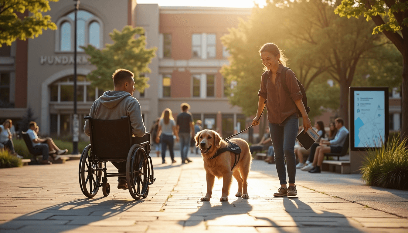 Person in wheelchair with service dog on campus