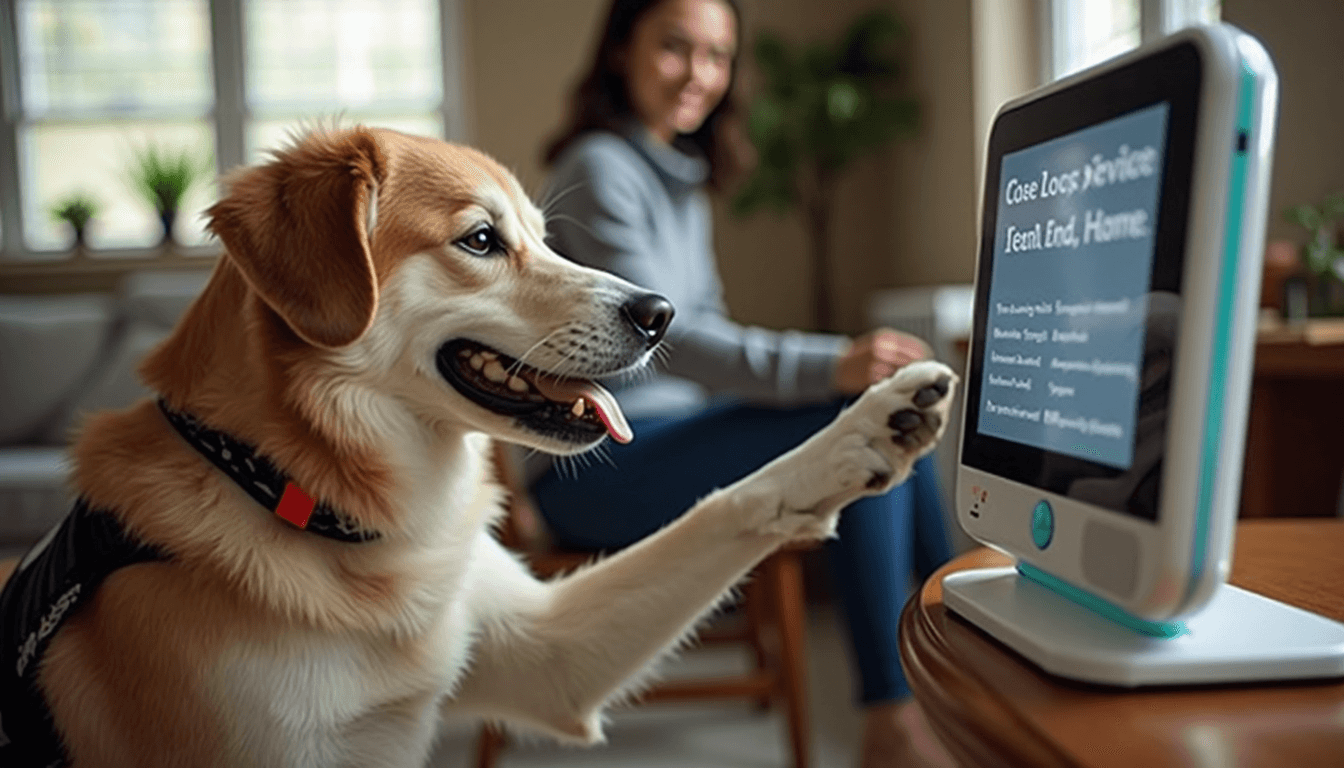 Dog using touchscreen alert device with handler watching
