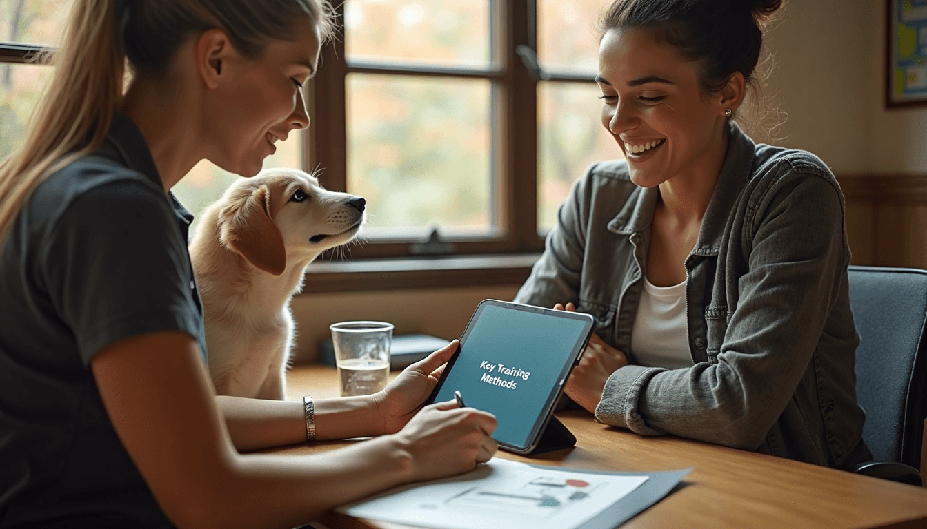 Trainer assists disabled adult with service puppy and tablet