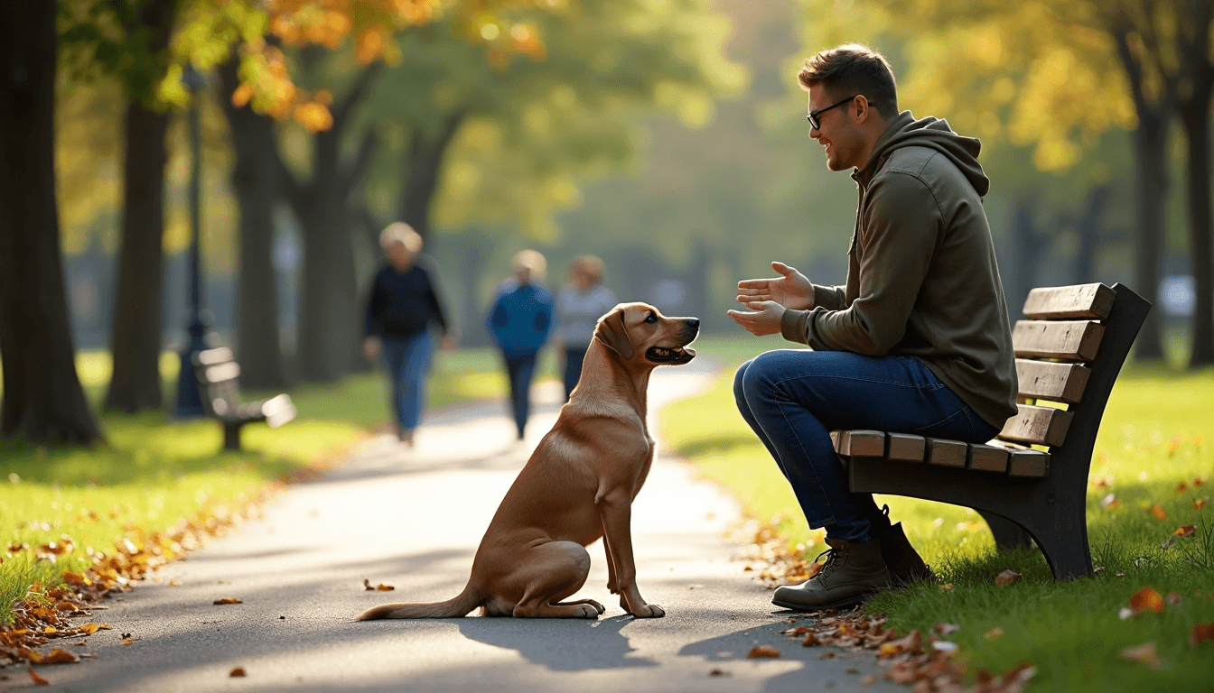Dog trainer giving command in park with text overlay