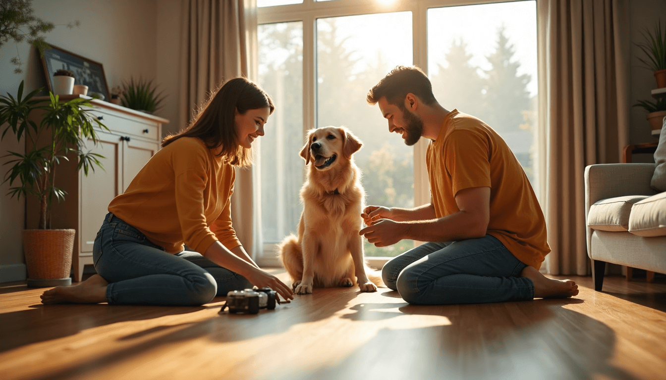 Family training dog in sunlit living room with text overlay