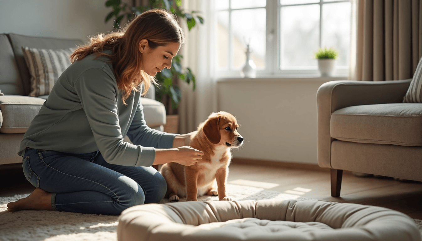 Dog owner inspecting home for safety while dog watches