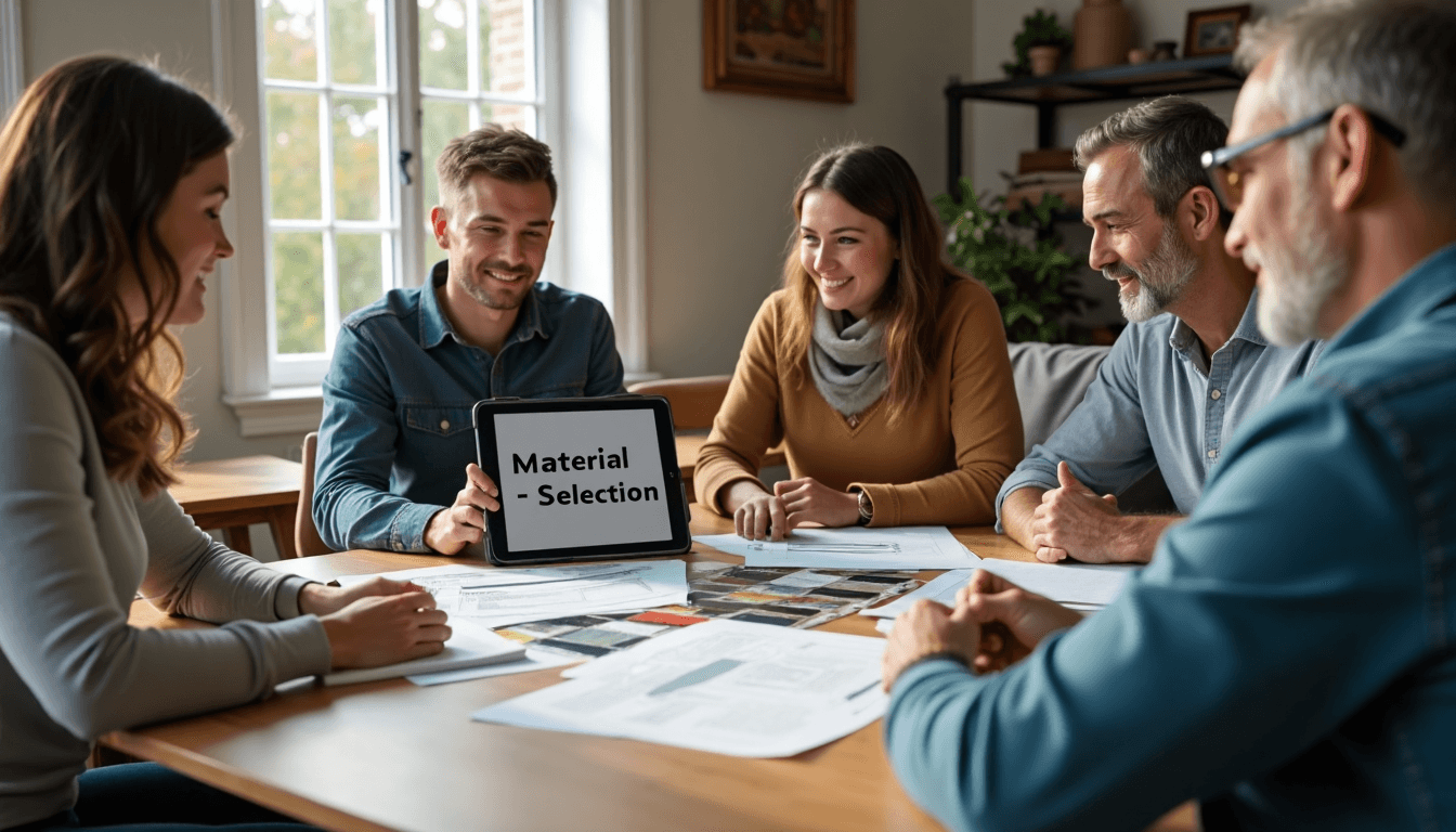 Family and contractor discuss roof materials with 'Material Selection' on iPad