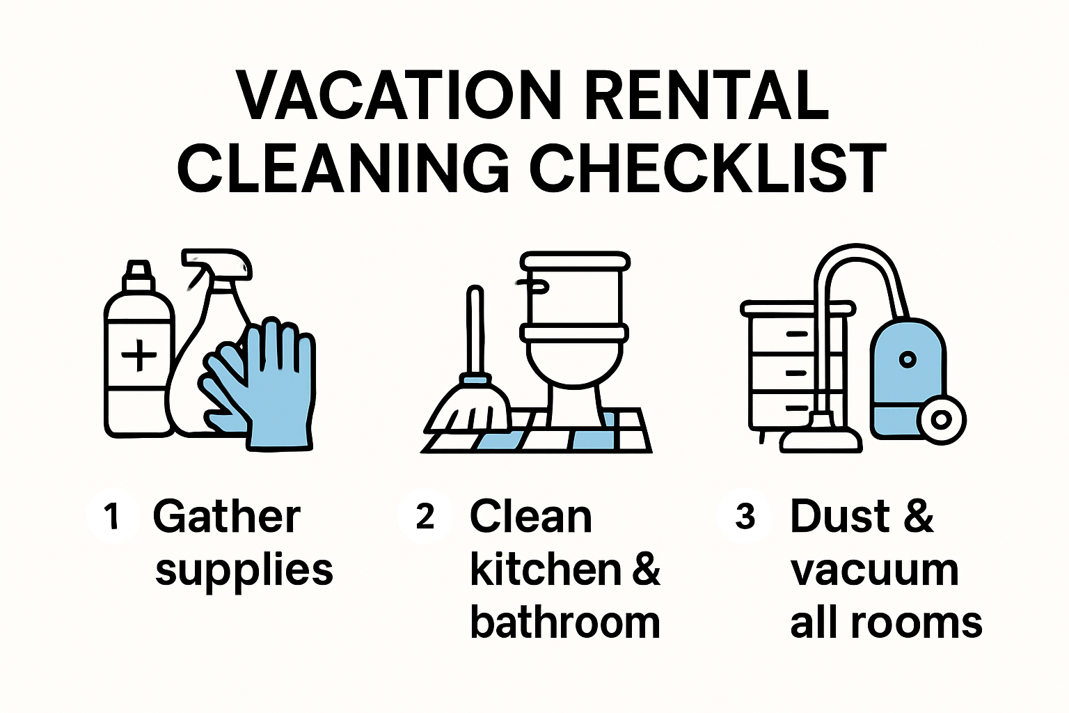 Infographic summarizing vacation rental cleaning steps and supplies; vacation rental cleaning checklist