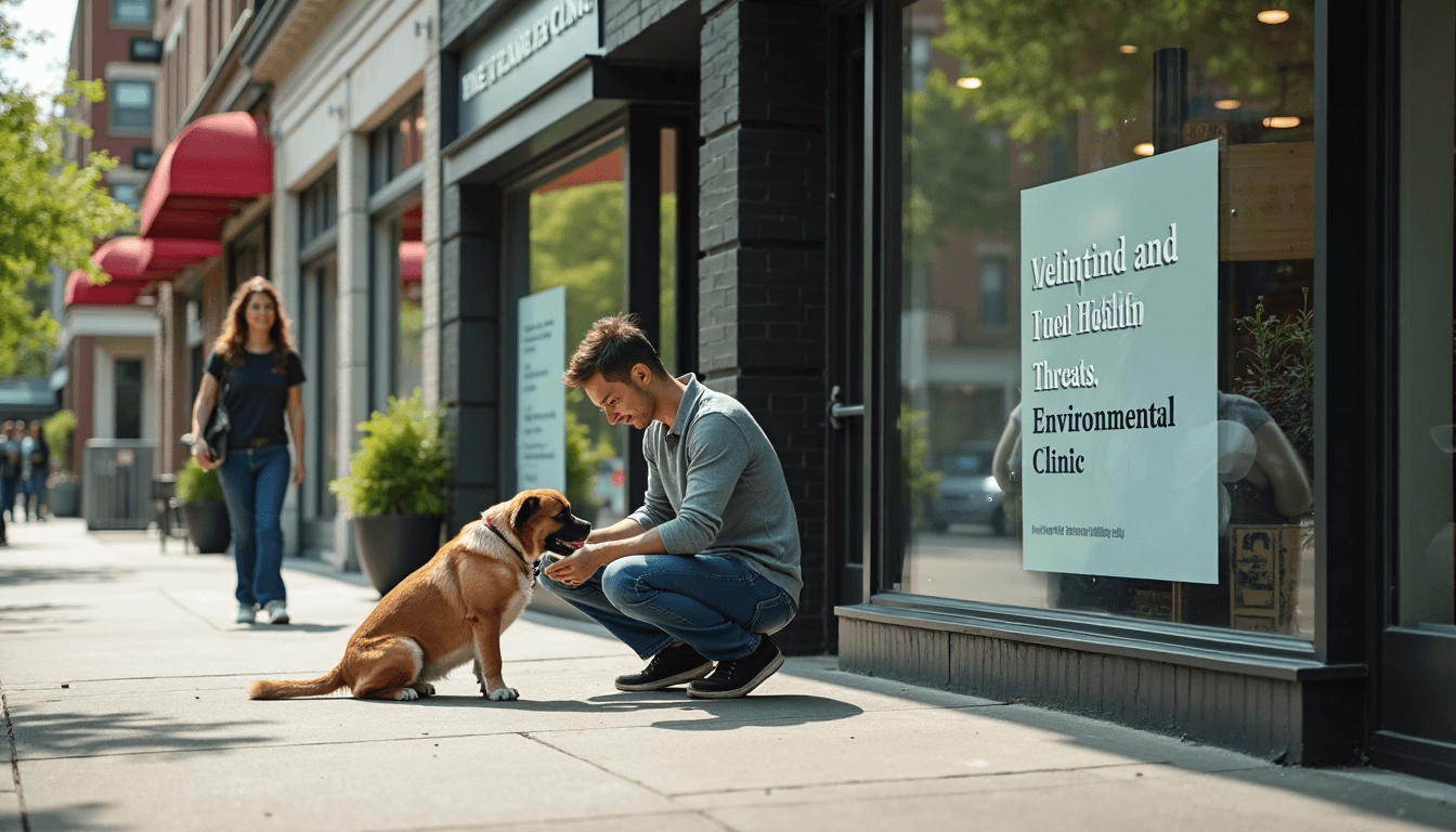 Owner adjusts leash on dog in front of city veterinary clinic with safety poster