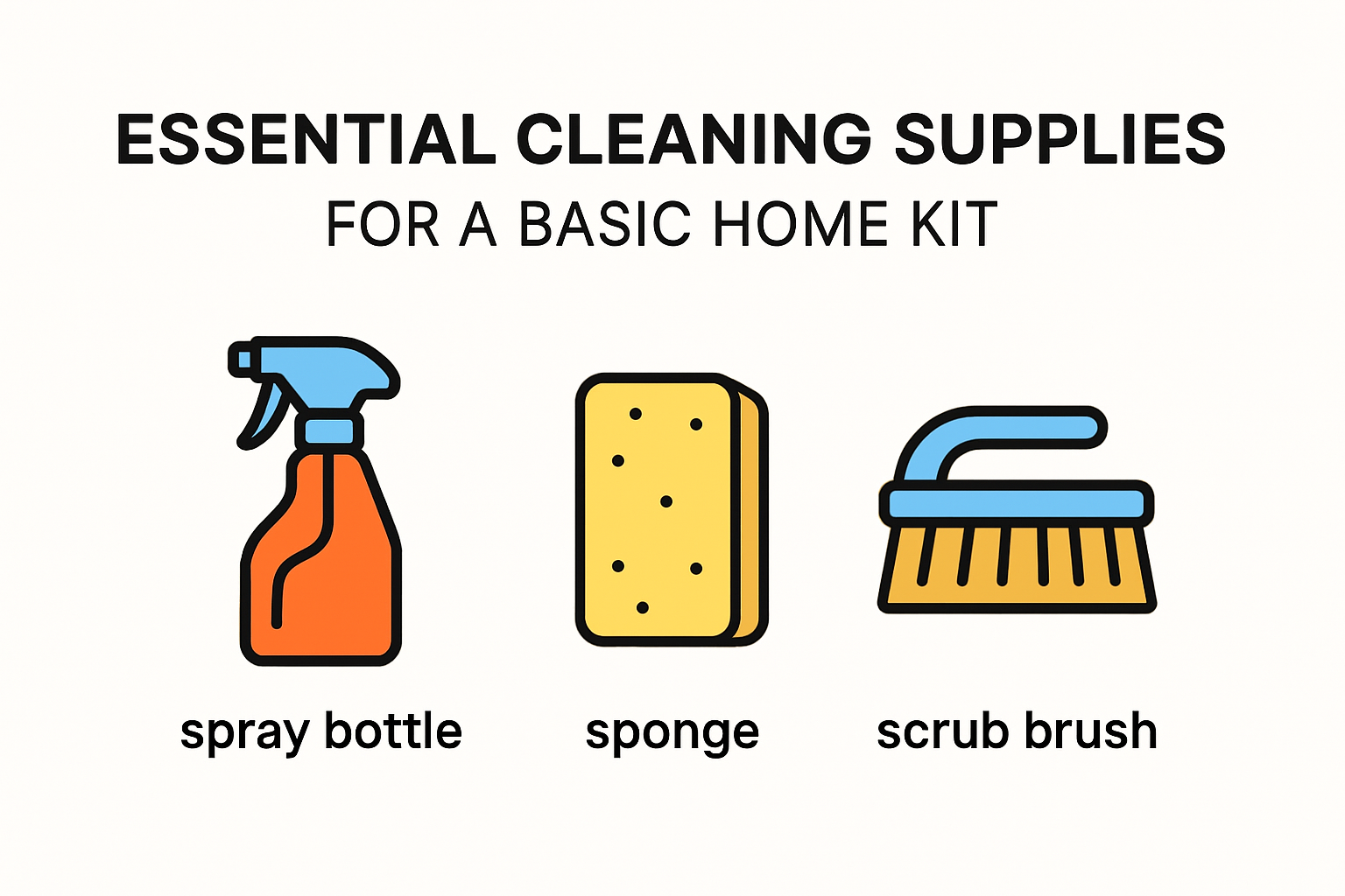 Essential cleaning supplies checklist with icons.
