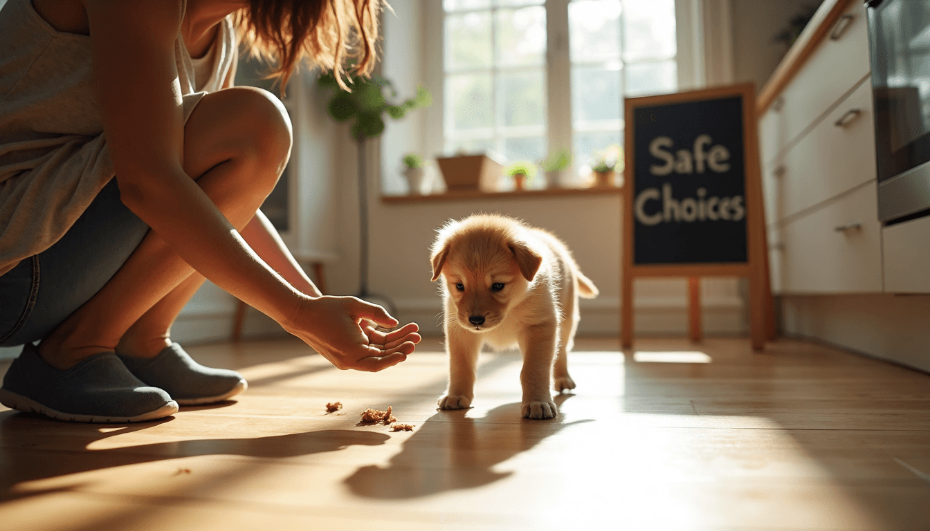 Puppy paused by owner's leave it command with safe choices text nearby in kitchen