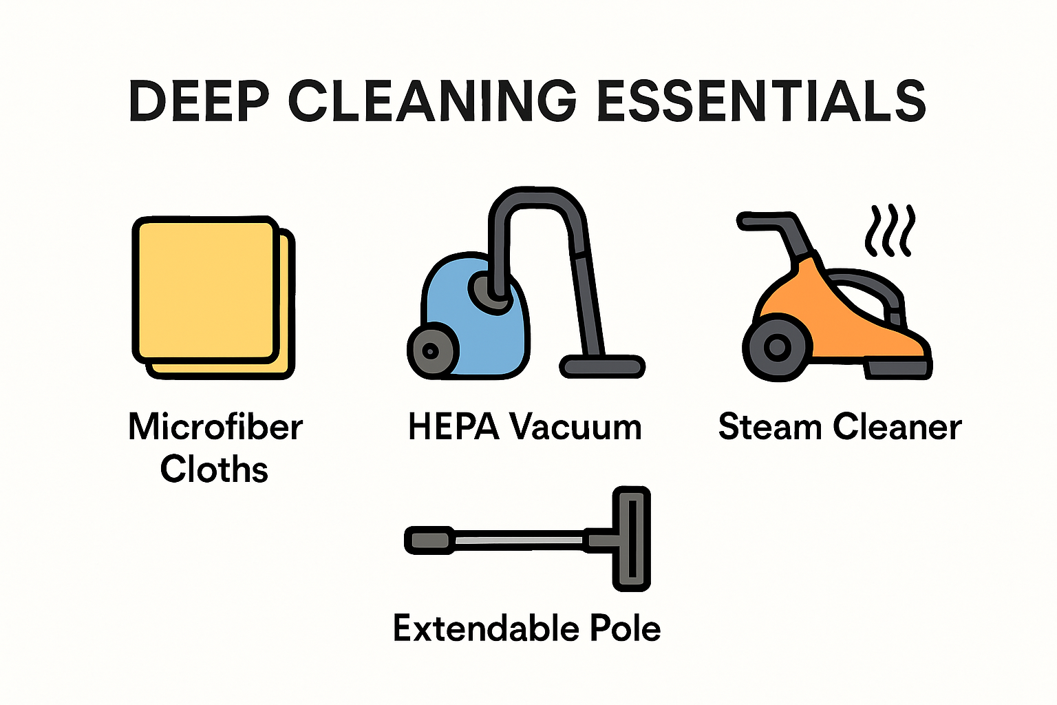 Infographic showing key deep cleaning tools and supplies