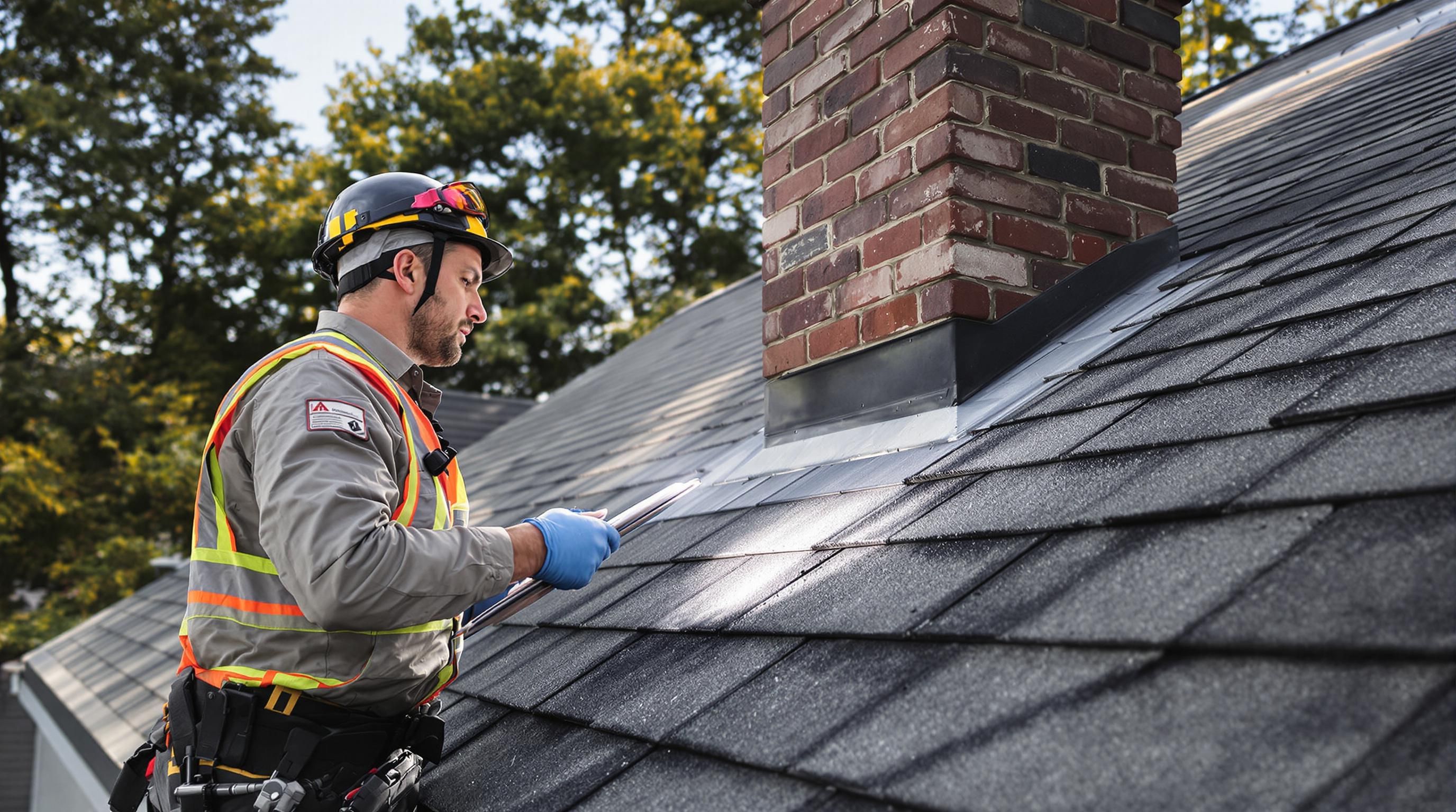 Professional inspects Massachusetts home roof shingles and flashing