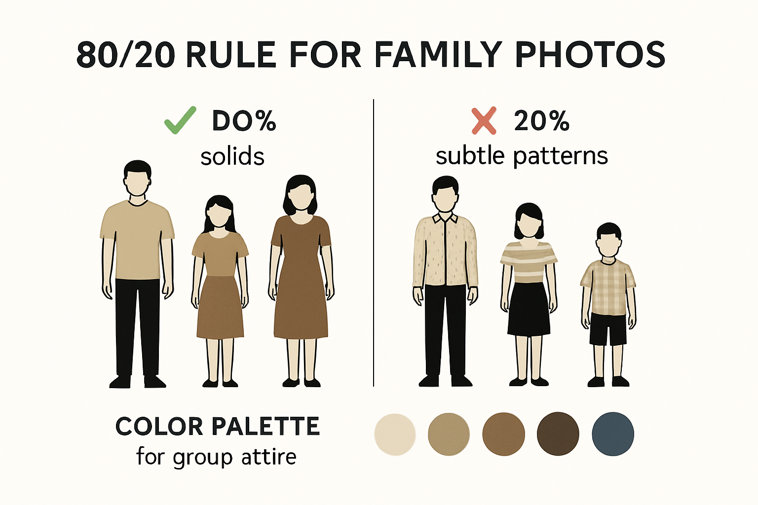 Infographic showing 80/20 outfit rule and coordinated color palettes for family photos