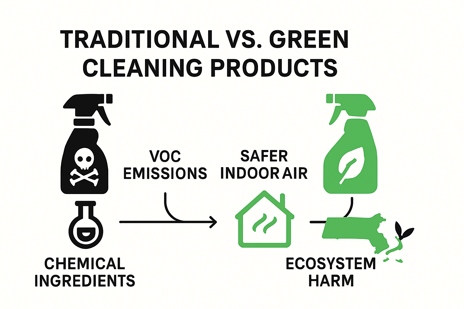 Infographic comparing traditional and green cleaning impacts in Massachusetts
