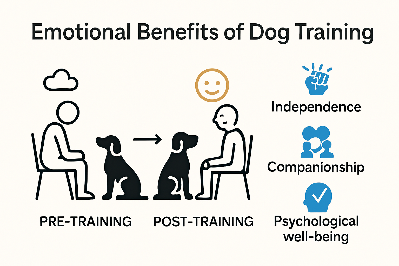 Infographic visualizing emotional benefits of dog training for special needs and seniors