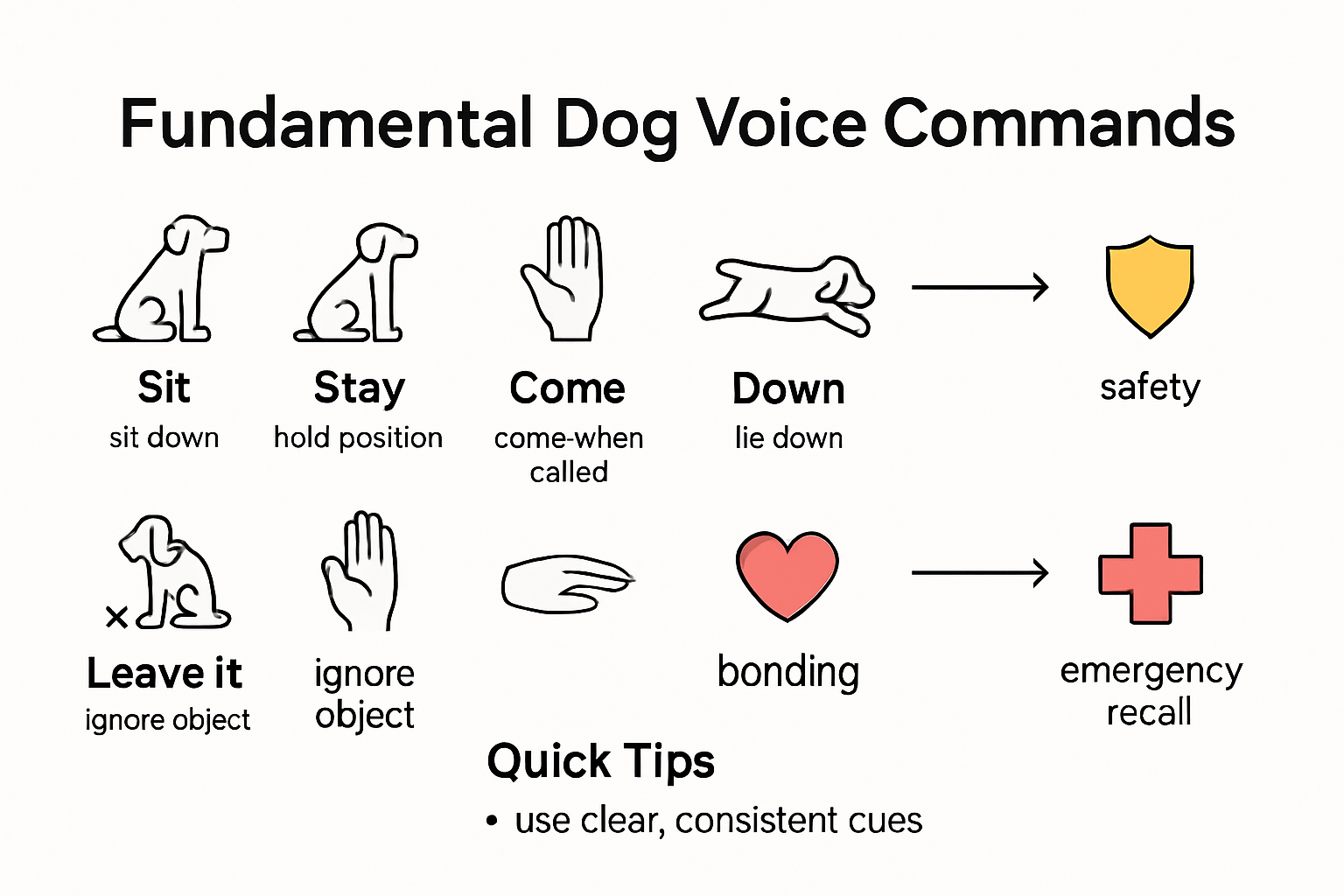 Infographic on essential dog voice commands and benefits
