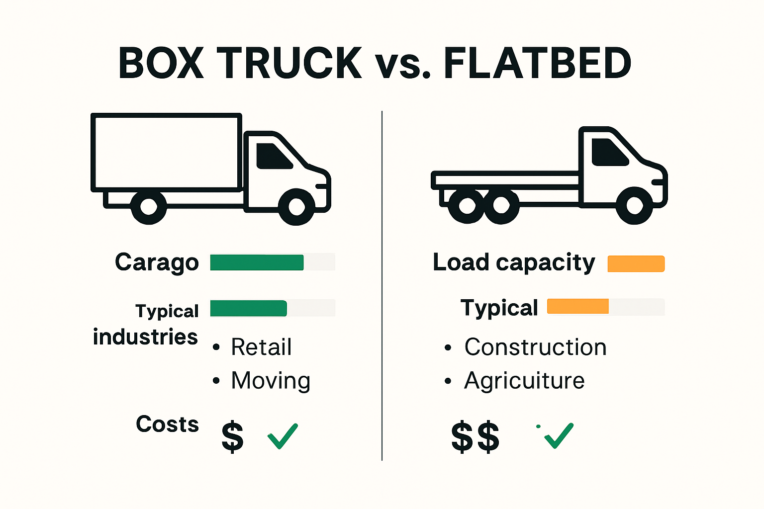 Side-by-side infographic comparing box trucks and flatbed trucks