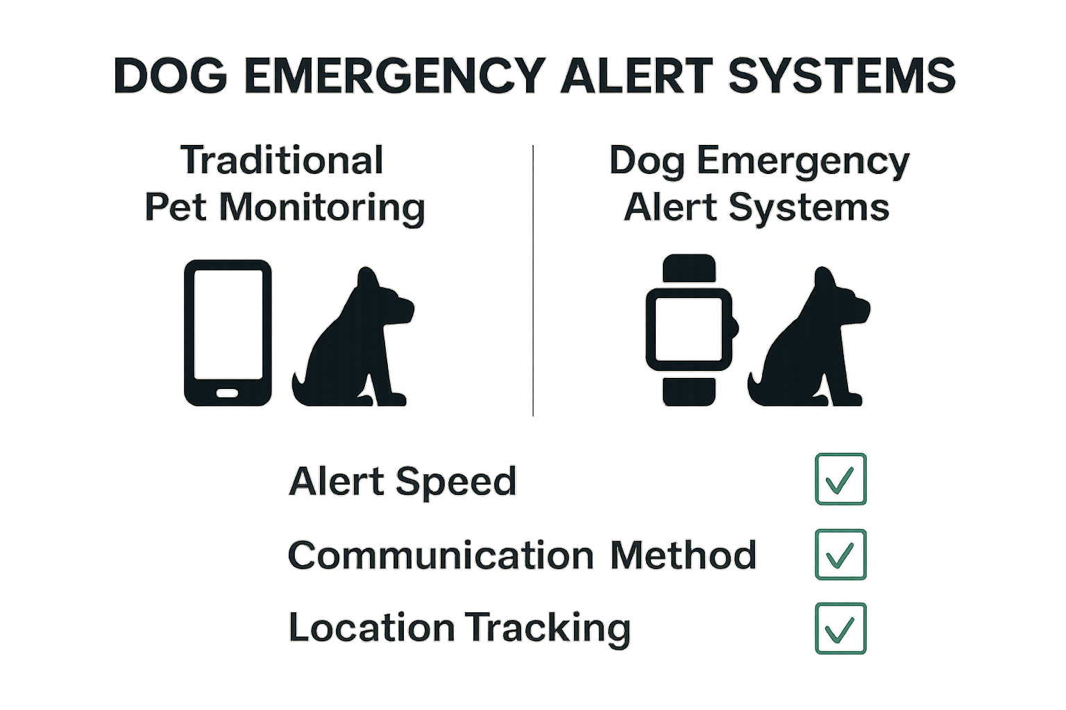 Side-by-side infographic comparing traditional pet monitoring to modern dog emergency alert systems, showing features and benefits.