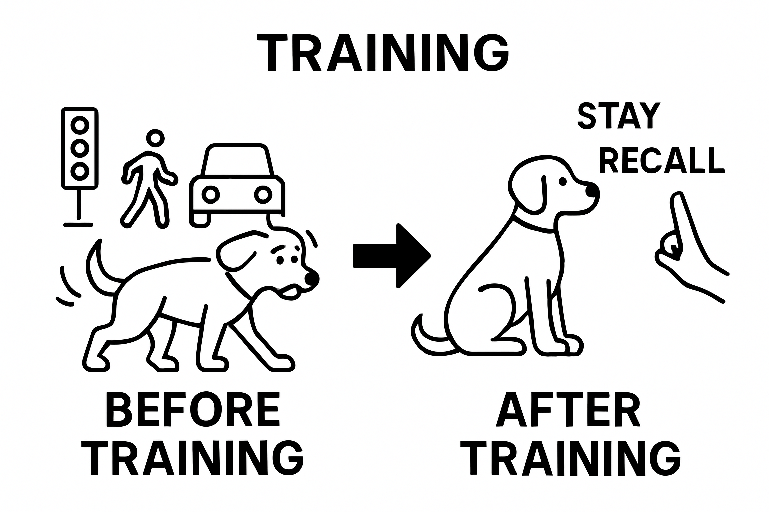 Before and after dog safety training infographic: distracted dog versus attentive dog responding to commands