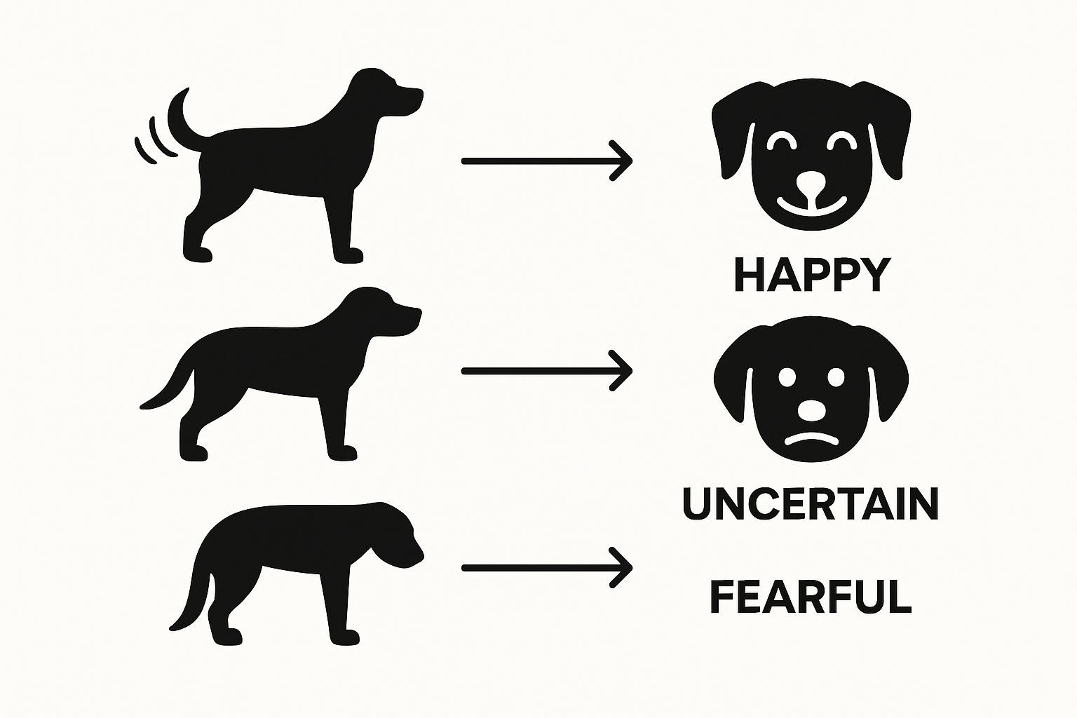 Dog tail positions and facial expressions infographic for emotional states