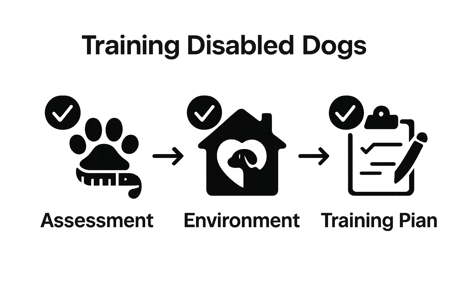 Three steps to training disabled dogs shown in icons: assess, create safe space, make plan.