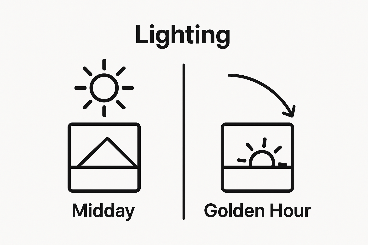 Comparison of harsh midday light vs. soft golden hour light for photography